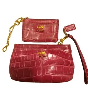 Coach Madison Wristlet Magenta Pink Crocodile Embossed Leather Bag & Card Holder